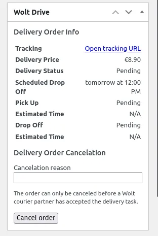 The order info widget, where the shop manager can track the Wolt Drive order.