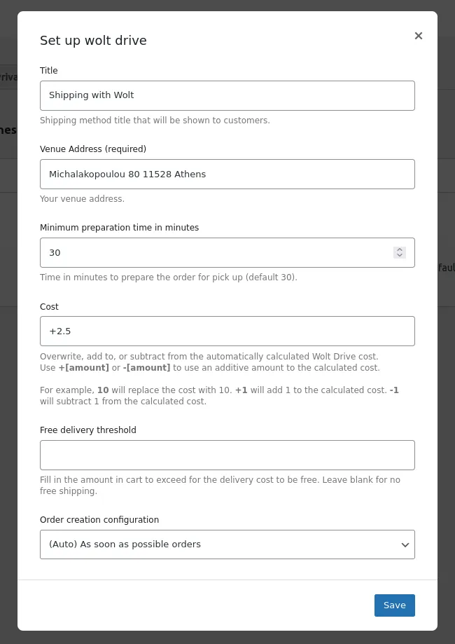 The Wolt Drive shipping method settings